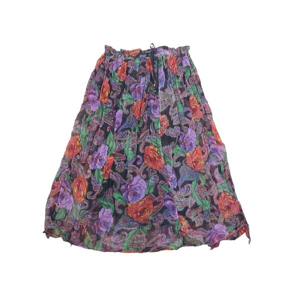 Vintage 90s Other Destination black and purple floral midi peasant skirt S - Picture 1 of 4
